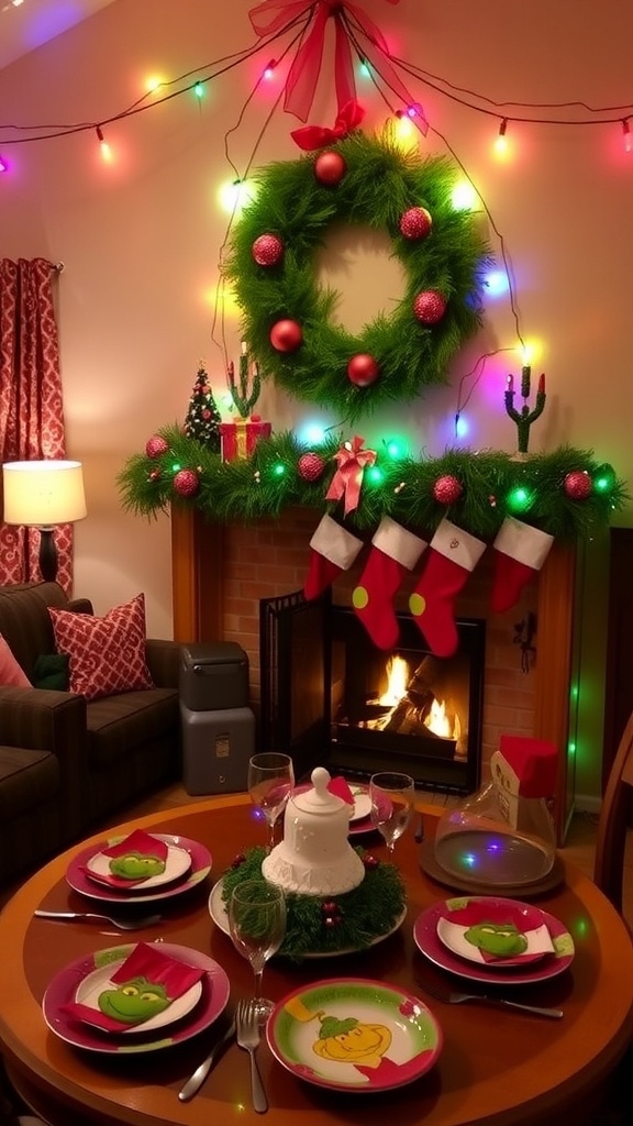 A Grinch-themed Christmas decor setup with a wreath, table setting, and stockings.